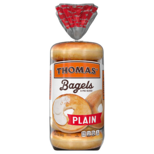Each package of 6 Thomas' Plain Bagels are classically delicious. Great on their own, or with sandwiches and sweet snacks.