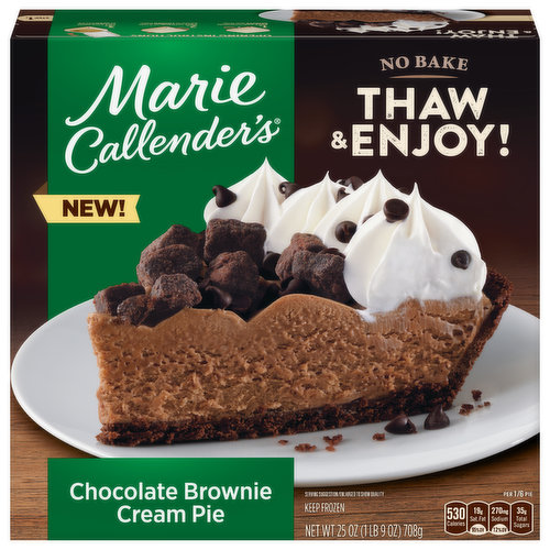 Made with brownie pieces & chocolate chips. New! No bake. Thaw & enjoy! Chocolate cookie crumb crust made from scratch. The Classic Chocolate Dream: Creamy chocolate in every bite! With made-from-scratch crusts and creamy fillings, Marie Callender's pies look and taste as great as homemade.
