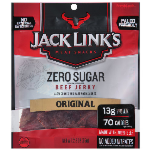 No artificial sweeteners. Meat snacks. Slow cooked and hardwood smoked. No added nitrates except for those naturally occurring in cultured celery extract. Jack Link's Zero Sugar Beef Jerky (not a low calorie food) - the awesome jerky you've come to love from Jack Link's, but with 0 g of sugar! And no artificial sweeteners, either. This great tasting jerky is made with 100% beef and is an excellent source of protein. Just like all our jerky, it's made with the highest quality meat, crafted, seasoned and naturally smoked, following recipes passed down through the Link family for generations - but with 0 g sugar! We hope you'll enjoy this delicious, satisfying zero sugar snack (Not a low calorie food). Thank you for your patronage and remember to feed your wild side! No added MSG. Except for that naturally occurring in yeast extract and soy sauce.