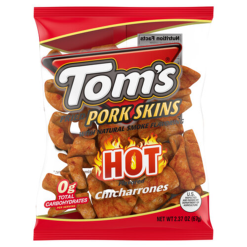 Tom's Pork Skins, Hot Chicharrones Flavored, Fried