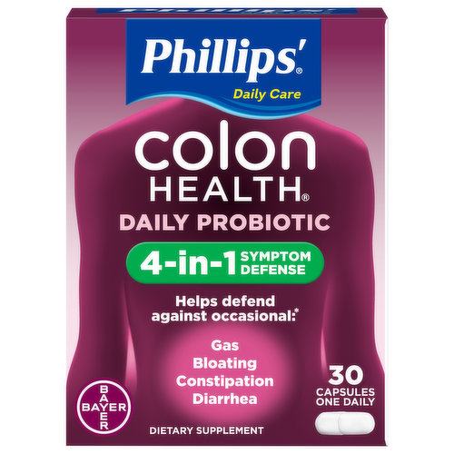 Daily care. Helps defend against occasional: Gas. Bloating. Constipation. Diarrhea. A Healthy Colon Means A Healthier You: The colon (large intestine), is critical to digestive health. It is the hub for good bacteria in your gut, where most of the bacteria actually live. Did you know? Diet, travel, and stress can upset the balance of good bacteria in your gut. Digestive issues can start in the colon and may be signs of an imbalance of good bacteria. About 70% of your immune system is found in your intestines, including your colon. Taking Phillips' Colon Health Probiotic daily helps replenish good bacteria and supports digestive and immune health, with a unique combination (Among leading brands) of specially selected probiotics: Lactobacillus gasseri KS-13. Bifidobacterium bifidum G9-1. Bifidobacterium longum MM-2. Only (Among leading brands) Phillips' Colon Health features 4-in-1 Symptom Defense against these occasional digestive issues: Gas. Bloating. Constipation. Diarrhea. 12 point quality test on every batch. Backed over 140 years of digestive health experience.