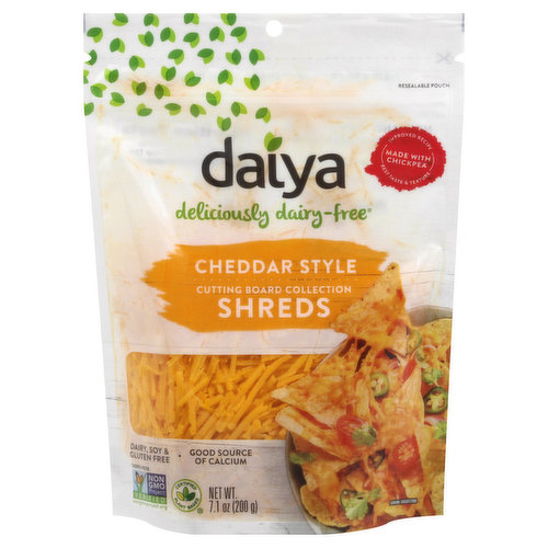 Dairy, soy & gluten free. Certified Gluten-Free. Vegan. Good source of calcium. Non GMO Project verified. nongmoproject.org. Made with chickpea (chickpea protein). Improved recipe. Best taste & texture. Deliciously dairy-free. Certified plant based. New and improved recipe made with chickpea protein. Best taste. Best texture. Plant-based. Best ever melt and stretch! Why Daiya? Our wide range of plant-based food will delight your senses throughout the day. As an industry leader, we are passionate to deliver delicious food that is free from dairy, gluten and soy. From our wonderful cheeze alternatives, pizzas, non-dairy frozen dessert bars to shelf stable offerings like cheezy mac & dairy-free dressings, Daiya has products to satisfy any cravings that were once considered off limits! www.daiyafoods.com. For more information please visit daiyafoods.com. Questions or comments? 1 (877) 324 9211 www.daiyafoods.com. Have you tried our Cheeze Lover's Pizza? All our pizzas are topped with Cutting Board cheeze shreds and deliver a bold and delicious flavor with every cheezy mouthful. Product of Canada.