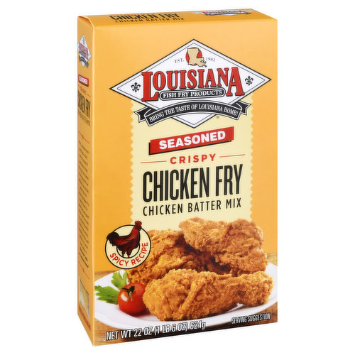Produced with genetic engineering. Est. 1982. Bring the taste of Louisiana home! We’re Louisiana born and bred; in fact, we’re so proud of where we’re from, it’s in our very name. We’re proud of our products too as they reflect the rich cultural heritage of a region known for great food and good times. With our easy to use and flavorful seasonings, sauces, breading mixes, and entrees, it’s never been easier to Bring the Taste of Louisiana Home. Sealed pouch inside. Our Seasoned, Crispy Chicken Fry Batter Mix is filled with true, authentic Southern goodness. Our robust, zesty blend spices and wheat flour create a delicious flavor like no other in the world. www.LouisianaFishFry.com. Visit us at LouisianaFishFry.com for product info recipes, and more! Try Our Other Delicious Products: Fry mixes; sauces; rice mixes. Made in the USA from domestic and imported ingredients. Proudly manufactured in Louisiana.