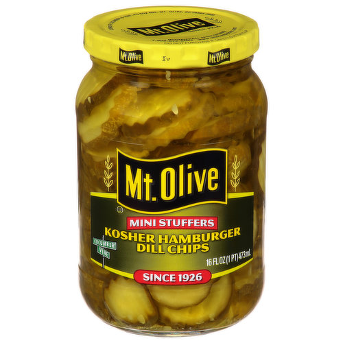 Mt Olive Pickles, Kosher Hamburger Dill Chips, Mini Stuffers