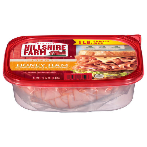 Enjoy premium sliced ham with Hillshire Farm Ultra Thin Sliced Honey Ham Deli Meat. Our honey ham lunchmeat has no artificial flavors and is 96% fat-free. Fully cooked and ready-to-eat, this ham is perfect with cheese, onion and lettuce on white bread for a delicious sandwich. This 16 oz sliced deli meat package is double-sealed for absolute freshness.