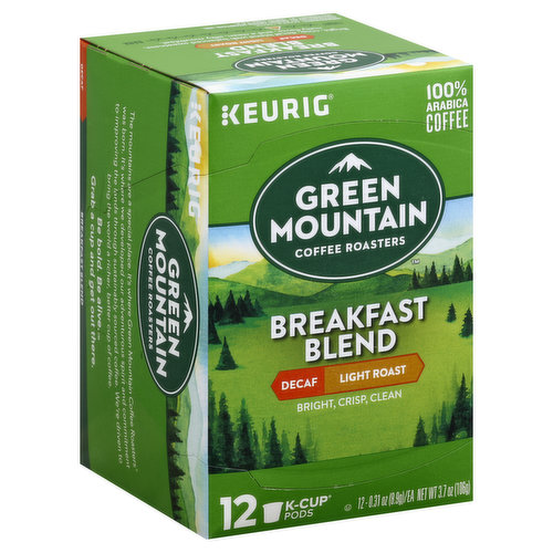 Bright, crisp, clean. Bright, crisp, decaf blend with balanced sweetness, nutty flavor, and a clean, silky mouthfeel. This package is made with a minimum of 5% post-consumer materials. The mountains are a special place. It's where Green Mountain Coffee Roasters was born. It's where we developed our adventurous spirit and commitment to improving the lands through sustainably sourced coffee. We're driven to bring the world a richer, better cup of coffee. Be hold. Be alive. Grab a cup and get out there. For inquiries contact: Keurig Green Mountain, Inc. 1-866-901-Brew/1-866-901-2739. www.Keurig.com. Find us on Facebook.com/Keurig or Twitter.com/Keurig.