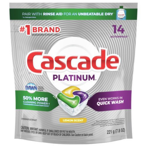 Cascade Platinum ActionPacs dishwasher detergent cleans burnt-on messes in just one wash, with no pre-wash needed. That's because Platinum has 50% More Cleaning Power* (*% cleaning ingredients vs. Cascade Complete ActionPacs) to tackle burnt-on foods. It dissolves fast to start cleaning right away, releasing the soaking power of Dawn dishwashing liquid, while food-seeking enzymes latch on and break down food into particles so small they can flow right down the drain. It's so powerful it even works in the Quick Wash cycle. Plus, Cascade Platinum dishwashing detergent is formulated to help prevent hard-water filming—keeping your machine looking fresh and clean. Simply pop in an ActionPac and reveal a Platinum sparkle. Save up to 15 gallons of water per dishwasher load when you skip the pre-wash and run your dishwasher with Cascade Platinum. #1 Recommended Brand in North America* *More dishwasher brands in North America recommend Cascade vs. any other automatic dishwashing detergent brand, recommendations as part of co-marketing agreements.