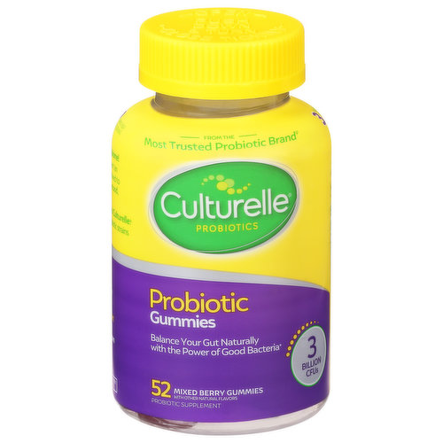 From the most trusted probiotic brand (based on the 2019 BrandSpark American Shopper Study). Balance your gut naturally with the power of good bacteria. 3 billion CFUs of good bacteria. High survivability. Unleash the power of your microbiome! Your gut microbiome helps support an overall healthy you because it's linked to your digestive health, cognition, mood, nutrition, & immune system. You can trust your gut daily to Culturelle. All Culturelle products contain probiotic strains that work through expiration. Probiotics have the power to help keep you healthy by promoting a natural balance of good bacteria in your microbiome. The unique probiotic strains in Culturelle Probiotic Gummies was specifically selected to ensure great taste, texture and efficacy.