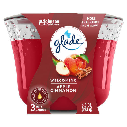 SC Johnson a family company. More fragrance more glow. Fragrance infused with essential oils. Inspired from warm childhood memories - fragrance crafted with notes of McIntosh Apple and mulling spices. A family company since 1886. - Fisk Johnson. www.glade.com. Visit us at www.glade.com. Environmental Facts: Paperboard packaging is recyclable. Paperboard packaging contains 30% post consumer recycled material. Candle made in Canada.