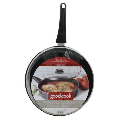 28 cm. Easy clean nonstick. Even heat aluminum. Stay-cool handle. Dishwasher safe. Made in China.