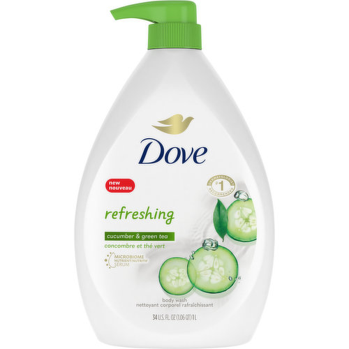 Does your wake-up routine need a shake-up? Designed to invigorate your skin and senses, Dove Refreshing Body Wash combines the care of Dove with cucumber and green tea scent for an uplifting start to the day. Giving you an instant pick-me-up, this quick-rinsing moisturizing body wash has a luxurious lather that leaves you with a fresh feeling, all while helping to moisturize skin.This hydrating body wash is made with naturally-derived gentle cleansers and plant-based moisturizers to cleanse and moisturize skin. The sulfate free body wash is made with Microbiome Nutrient Serum, a blend of prebiotics that helps support your skin’s living protective layer. Reach for this nourishing body wash for noticeably softer and smoother skin in just one use.Dove Refreshing Body Wash, with cucumber and green tea, helps to revitalize skin in just one shower. And that’s not all. Globally, Dove does not test on animals and is certified Cruelty-Free by PETA. This moisturizing body wash also uses a 98% biodegradable formula* and comes in bottles made from 100% recycled plastic.*98% of ingredients break down into carbon dioxide, water & minerals (OECD test methods 301,302 and/or 310)Ready for the revitalizing effect of this moisturizing body wash? Squeeze a generous amount into your palms, then spread all over your body to enjoy the luxuriously foamy lather. While the sulfate free body wash helps cleanse and moisturize skin, take a moment to allow the light and cooling scent of cucumber and green tea to refresh your senses. Rinse off the cleanser with water to reveal revived and refreshed skin.Want to invigorate every shower with a simple trick? After you’ve finished cleansing, slowly lower the temperature of the water. Giving your skin a burst of cold water is a great wake-up call!                           Dove believes that no young person should be held back from reaching their full potential. Since 2004, they’ve been building self-esteem and confidence in young people