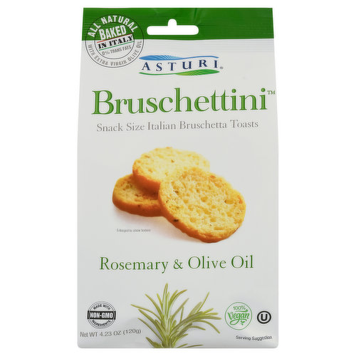 All natural baked in Italy with extra virgin olive oil. Live. Love. Snack. Our all natural Asturi Bruschettinis originate from the scenic region of Piedmont in Northern Italy - a breathtaking land with towns nestled in the foothills of the Alps, rich in history and tradition, and recognized for its sumptuous cuisine and fine wines. Our Italian Bruschetta mini toast is baked using only the highest quality virgin olive oil and fresh rosemary. We use a unique blend of wheat flour and durum wheat semolina for a firm yet crispy texture. This gourmet snack is made using age-old artisanal methods, including a double-baking technique, which results in a delicious homemade taste. We take our time to make it right by utilizing a 22-hour natural leavening process for the dough ensuring quality and flavor in every bite. They are the perfect snack all by themselves or topped with almost anything - truly a great compliment for any occasion. Best of all, we use no milk, cheese, eggs, or honey in our recipe, making it ideal for vegan lifestyles! Abraco Group: The joy of good eating.