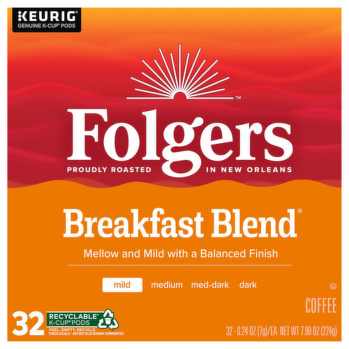 Folgers Coffee, Mild, Breakfast Blend, K-Cup Pods