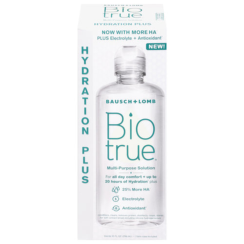 Now with more HA (Compared to Biotrue Multi-Purpose Solution) plus electrolyte + antioxidant (Antioxidant protects hyaluronan against free radicals). New! For all day comfort + up to 20 hours of Hydration (Based on a laboratory study) plus. 25% more HA (Compared to Biotrue Multi-Purpose Solution), electrolyte, antioxidant (Antioxidant protects hyaluronan against free radicals). Conditions, cleans, removes protein, disinfects, rinses, stores for soft contact lenses including silicone hydrogel lenses. We believe that the best inspiration comes from nature. That's why our formula is inspired by the biology of the eye. Biotrue Hydration Plus Multi-Purpose Solution for soft contact lenses including silicone hydrogel lenses. When used daily Biotrue Hydration Plus Multi-Purpose Solution cleans and helps prevent the formation of deposits on lenses. Lens case included. Formulated for dry, uncomfortable contacts. 25% more HA (Compared to Biotrue Multi-Purpose Solution): More moisture to your lenses for up to 12 hours (Compared to Biotrue Multi-Purpose Solution. Based on a laboratory study). Essential Electrolyte: Found in natural tears. Antioxidant: Antioxidant protects hyaluronan against free radicals. Cleans + Disinfects: Removes dirt and protein buildup. Kills 99.9% of germs tested (Standardized Testing (ISO 14729) against S. aureus, P. aeruginosa, S. marcescens, C. albicans, F. solani). Clinically-tested, enhanced formula (Compared to Biotrue Multi-Purpose Solution). Naturally Inspired Ingredients: Hyaluronan (Hyaluronan is sourced from a large scale natural fermentation process) (HA) is a moisturizer found naturally in tears. Matches the pH of healthy tears to help make contacts comfortable upon insertion.