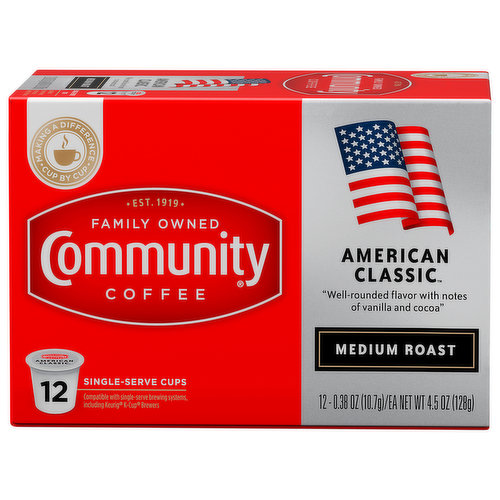 Well-rounded flavor with notes of vanilla and cocoa. Est. 1919. Family owned. Compatible with single-serve brewing systems including Keurig K-cup brewers. Carefully sourced from higher-altitude regions to capture the flavor of a more delicate and sweeter coffee bean, our American Classic blend highlights distinctive notes of vanilla and cocoa. At origin, the coffee is selectively harvested to allow time to develop its full vibrancy resulting in a sweet clean finish when roasted. This well-rounded blend truly embodies a classic American coffee taste profile. Our Story: Over 100 years ago my great-grandfather, Cap Saurage, created the very first batch of our signature coffee. He blended and served a cup so delicious that it became a local favorite. Out of appreciation for his community of friends and customers, Cap named it Community Coffee. Four generations later, we are dedicated to creating a variety of distinctive, full-flavored coffees. We blend and roast each coffee to reach its full potential, giving you a rich, smooth coffee experience every time. - Matt Saurage, 4th Generation Owner. www.CommunityCoffee.com. Facebook. Instagram. Twitter. Find us on Facebook.com/CommunityCoffee. Discover more varieties at ComminityCoffee.com. To learn more, visit CommunityCoffee.com/Giving-Back. For more information about Community products contact: Community Coffee Company 1-800-884-5282. Making a Difference Cup by cup: We believe it is important to do more than make great coffee. By supporting and giving back to local communities, every cup makes a difference to the people and places that make us Community Coffee. To learn more, visit CommunityCoffee.com/Giving-Back. Proof of Purchase: Community Coffee cash for schools - 1 point. CommunityCoffee.com/CashforSchools.
This carton is made with recycled material. Please recycle. Our Story
Over 100 years ago my great-grandfather, "Cap" Saurage, created the very first batch of our signature coffee. He blended and served a cup so delicious that it became a local favorite. Out of appreciation for his community of friends and customers, Cap named it "Community Coffee." Four generations later, we are dedicated to creating a variety of distinctive, full-flavored coffees. We blend and roast each coffee to reach its full potential, giving you a rich, smooth coffee experience every time.
Matt Saurage
4th Generation Owner; Making a Difference Cup by Cup
We believe it is important to do more than make great coffee. By supporting and giving back to local communities, every cup makes a difference to the people and places that make us Community Coffee.; Carefully sourced from higher-altitude regions to capture the flavor of a more delicate and sweeter coffee bean, our American Classic blend highlights distinctive notes of vanilla and cocoa. At origin, the coffee is selectively harvested to allow time to develop its full vibrancy resulting in a sweet clean finish when roasted. This well-rounded blend truly embodies a classic American coffee taste profile.