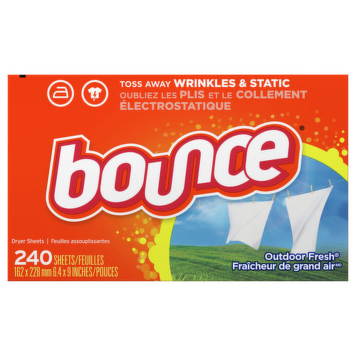 162 x 228 mm (6.4 x 9 inches). Toss away wrinkles & static. www.BounceFresh.com. how2recycle.info. SmartLabel: Scan barcode with SmartLabel app for more information. For more ingredient information visit www.BounceFresh.com. Questions? Information? Call Toll-Free (in U.S. and Canada): 1-800-5-Bounce; 1-800-(526-8823). Box made from 100% recycled paper (35% post-consumer). Check locally (Not recycled n all communities).