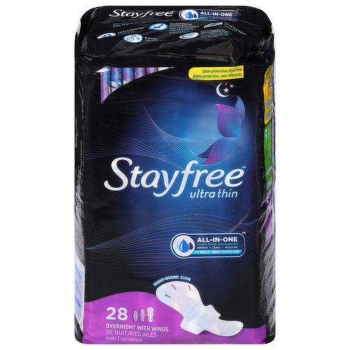 Same protection. Dye free. All-In-One Multi Fluid Absorption: Periods; leaks; moisture. Tri-block odor protection. Night-guard zone. No matter what your feminine care needs. Lock in fluids fast. For exceptional dryness and comfort. For up to 8 hours. Odor neutralizer fights odor 3 ways. Stayfree ultra thin; overnight.