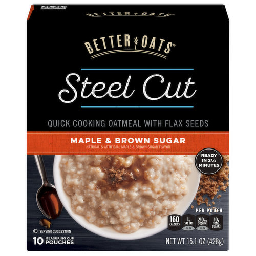 Ready in  2 1/2 minutes. 10 measuring cup pouches. Discover what makes better oats better. Steel cut outs. Flax seed. Our oat kernel are removed from the outer husk and cut with hardened steel to create a thick, hearty texture. In addition to whole grain oats, each bowl contains flax for added ALA omega-3 (Each packet delivers 200 mg of ALA omega-3 per serving, which is 12% of the 1.6 g daily value for ALA). One bite and you'll fall in love. At home, at work or on-the-go goodness.