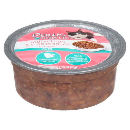 Calorie Content (calculated): Metabolize Energy (ME): 772 kcal/kg; 60 kcal/bowl (2.75 oz/ 78 g). Paws Happy Life With Salmon & Crab in Sauce Cat Food is formulated to meet the nutritional levels established by the AAFCO cat food nutrient profiles for maintenance.