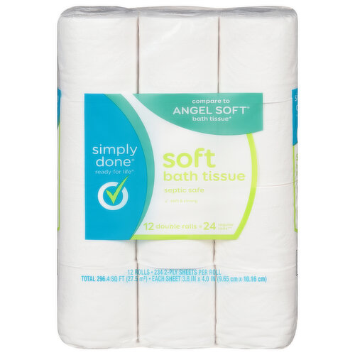 Ready for life. Compare to Angel Soft Bath Tissue (Angel Soft Bath Tissue is a registered trademark of Georgia-Pacific Consumer Products LP. This product is not manufactured by, distributed by or affiliated with Georgia-Pacific Consumer Products LP). Septic safe. Soft & strong. 12 double rolls = 24 regular rolls (Based on a regular-size roll). Your family will never forget to replace the roll again. Give them the perfect combination of soft and strong at a price that's budget friendly. With our septic safe and soft bath tissue you get the comfort and cleanliness of a national brand with the affordability of Simply Done. Safe for standard septic systems.
