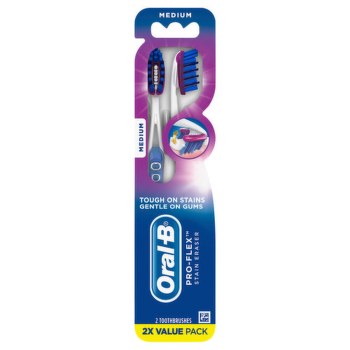 With the Oral-B Pro-Flex Stain Eraser Manual Toothbrush, you can discover a whiter smile and remove plaque. That’s because its dual-flexing head design combined with a unique Stain Eraser, work together to remove up to 90% of surface teeth stains and reveal a more dazzling white smile. Gentle on gums, but tough on stains, the Pro-Flex Stain Eraser toothbrush is the revolution you’ve been hoping for in your manual toothbrush. Colors may vary.