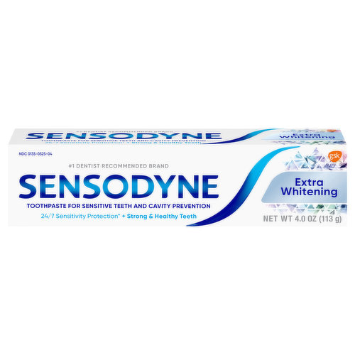Sensodyne Extra Whitening Sensitive Teeth Whitening Toothpaste is an SLS free toothpaste that helps remove stains for a whiter smile as it provides daily protection for sensitive teeth. This potassium nitrate and sodium fluoride toothpaste helps whiten teeth by polishing away surface stains while working deep inside teeth to build soothing protection around the nerves, decreasing sensitivity in as little as two weeks with twice daily brushing. Sensodyne Extra Whitening toothpaste offers all the anticavity and fresh breath benefits of regular anticavity toothpaste and comes with a formulation that reduces tartar build-up for cleaner, smoother and healthier teeth. Enjoy 24/7 sensitivity protection and relief using this sensitive whitening toothpaste in the morning and the evening. Get lasting protection from tooth sensitivity with Sensodyne.