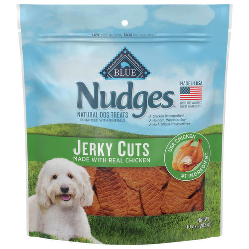 Slowly oven-dried, easy to tear, and packed with protein, these mouthwatering treats are made with real USA chicken. With no artificial flavors or preservatives, BLUE Nudges Jerky Cuts are a healthy treat your dog will be excited to eat, and you can feel great about giving. 