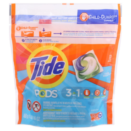 Child-guard zipper (Child-Guard is a trademark of Reynolds Presto Products Inc). 20 pacs. 3 in 1 = detergent + stain remover + color protection. A Tide clean you can trust. Cleans in cold water. Free of phosphates. Small/Medium loads 1 pac. Large/X-Large loads 2 pacs. XX-Large loads 3 pacs. Always handle with dry hands. Dissolves in all temperatures. www.tide.com. www.tide.ca. SmartLabel. Questions? 1-800-879-8433. Visit www.tide.com / www.tide.ca. For more ingredient information visit www.tide.com. Scan here with SmartLabel app for more info. Formula made with 100% renewable wind power electricity.