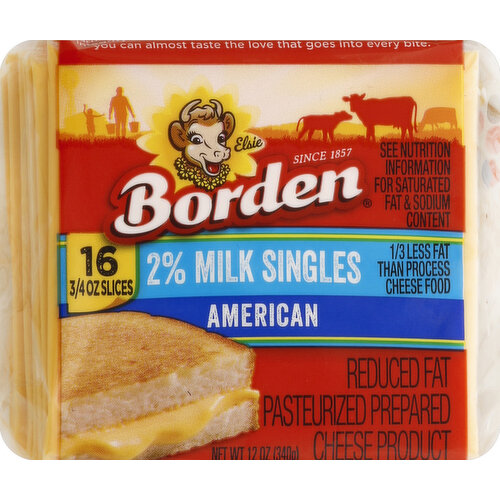 Borden Cheese Product, Pasteurized Prepared, American, Reduced Fat, 2% Milk Singles