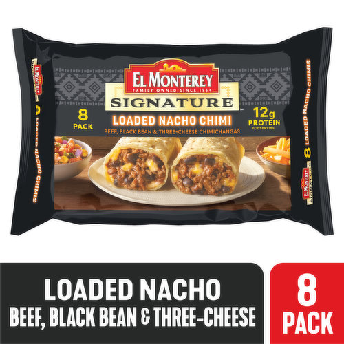 Enjoy a delicious snack or meal anytime with El Monterey Signature Loaded Nacho Chimichangas. These El Monterey Signature chimichangas are packed with real angus beef, cheddar, mozzarella and Monterey Jack cheeses, whole black beans, and authentic Mexican spices.  Each chimichanga has 12 grams of protein and 0 grams of trans fat; individually wrapped for the ultimate convenience.  Frozen chimichangas ready in minutes from your microwave; prepare them in the oven or air fryer for a crispier texture! Looking for a quick and easy on-the-go lunch? Or an easy-to-prepare frozen dinner? How about a quick after school snack even the kids can make? El Monterey Burritos and Chimichangas are perfect for every occasion! El Monterey has a wide variety of Mexican food favorites like taquitos, single serve frozen meals and frozen breakfast burritos! Stock your freezer with El Monterey Signature Loaded Nacho Chimichangas for a satisfying and delicious snack or meal anytime, anywhere!