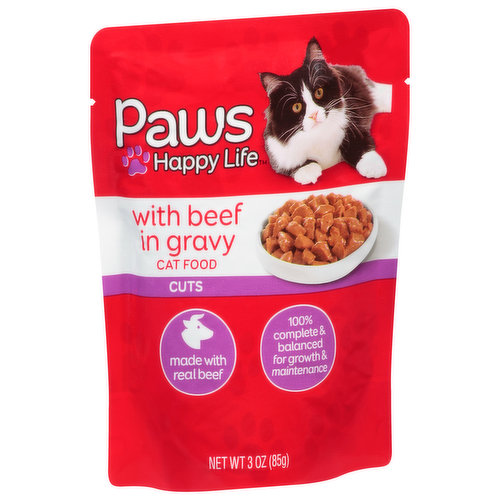 Calorie Content (ME Calculated): 865 kcal/kg; 74 kcal/pouch (3.0 oz). Paws Happy Life with Beef in Gravy Cat Food is formulated to meet the nutritional levels established by the AAFCO cat food nutrient profiles for growth and maintenance.