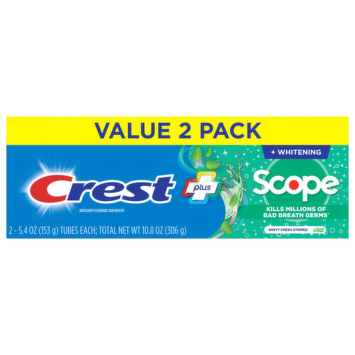 Crest Toothpaste, Scope + Whitening, Minty Fresh Striped, Value 2 Pack