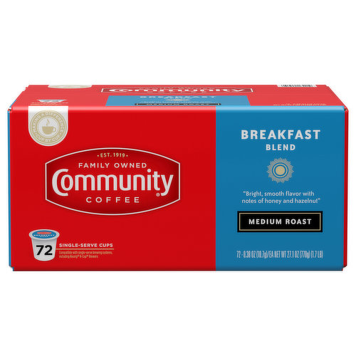 Est. 1919. Family owned. 72 single-serve cups. Compatible with single-serve brewing systems, including Keurig K-Cup Brewers. Our Story: Over 100 years ago my great-grandfather, Cap Saurage, created the very first batch of our signature coffee. He blended and served a cup so delicious that it became a local favorite. Out of appreciation for his community of friends and customers, Cap named it Community Coffee. Four generations later, we are dedicated to creating a variety of distinctive, full-flavored coffees. We blend and roast each coffee to reach its full potential, giving you a rich, smooth coffee experience every time. - Matt Saurage, 4th Generation Owner. We purposefully sourced the beans of our breakfast blend of highlight the full-bodied flavors of South and Central America. We then carefully roast them to bring out notes of honey and hazelnut, developing a rich, smooth flavor that will make the first cup of the day your favorite. This carton is made with recycled material. Please recycle. Family owned. Making a Difference Cup by Cup: We believe it is important to do more than make great coffee. By supporting and giving back to local communities, every cup makes a difference to the people and places that make us Community Coffee. To learn more, visit CommunityCoffee.com/Giving-Back. Community Coffee Cash for Schools: Proof of purchase; 5 points. CommunityCoffee.com/CashforSchools.