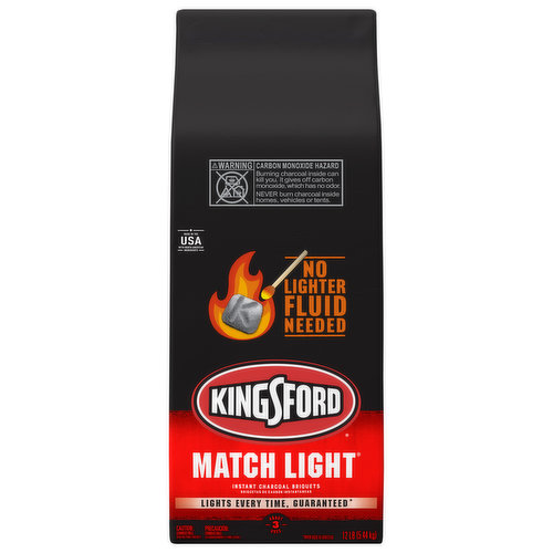About 3 uses. No lighter fluid needed. The first. The best. The original. In 1920, Kingsford sparked a backyard revolution by transforming scrap wood from the ford model t into the first charcoal briquets. Today, America's favorite charcoal still brings people together for delicious wood-fired BBQ. Lights instantly (When used as directed). Since 1920. An American Original: at Kingsford, we take pride in giving you the best BBQ flavor by using quality ingredients, including real American wood. We proudly craft our briquets in plants across the USA with generations of expertise. Bringing you the best in authentic BBQ flavor since 1920. Lights every time guaranteed (when used as directed). kingsford.com. how2recycle.info. Questions or comments? Visit us on the Web at kingsford.com or call 1-800-232-4745. For more information on the guarantee, visit kingsford.com/guarantee. Find the right Charcoal: BBQ Master Series: Long Burn: Great for smoking; Professional: Great for searing. Instant: Lights instantly; Wood flavor; On-the-Go. Flavors: Hickory; Applewood; Mesquite. Wood flavor. Regular: All-purpose. Made in the USA with North American ingredients. Proudly manufactured in the USA. Made in USA of global ingredients.
