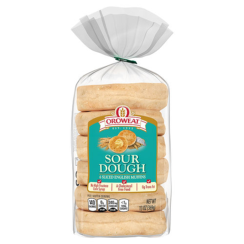 EST 1932. No high fructose corn syrup. Oroweat sourdough English muffins are safe and delicious when toasted. Top with butter or your favorite spread, and savor that old world sourdough flavor. Terracycle. Join our recycling program at www.terrarecycle.com. BCTGM: Bakery Confectionery Tobacco Workers & Grain Millers union made. AFL CIO CLC.