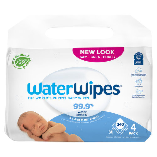 New look. Same great purity. No artificial fragrance, parabens or sulfates. Just 2 ingredients. 100% Plant-based & plastic free wipes. The world's purest baby wipes. 99.9% water & a drop of fruit extract. Our Water Technology: 7 stage purification. A deeper & more effective clean. The original & the purest. Skin Health Alliance: Dermatologically approved. 99.9% water and a drop of fruit extract. Getting the most out of your WaterWipes: WaterWipes are fresh, pure product. Use within 2 weeks of opening and reseal after every use. Our biodegradable wipes are made from 100% renewable plant fibers and will biodegrade in 12 weeks. Please dispose of wipes as per local guidelines. Created by a father, inspired by a daughter. When out firstborn developed diaper rash, we tried everything. Then I realized that all the chemicals in the baby wipes were making things worse. So I set out to develop the world's purest baby wipe. It's taken years of hard work and research. But it's been worth it to bring you WaterWipes. - Edward McCloskey, Founder & Dad. 100% biodegradable wipes.