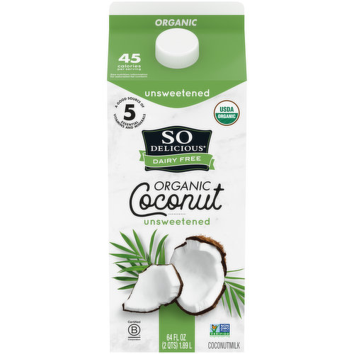 45 calories per serving. See nutrition information for saturated fat content. USDA Organic. Organic. Certified Organic by Quality Assurance International. Dairy free. Certified Gluten-free. Certified vegan. Vegan.org. Vegan certified. Lactose free. Soy-free. A good source of 5 essential vitamins and minerals. No added sugar. Carrageenan-free. No preservatives. Not a low-calorie food. See nutrition facts for information on calories, sugar and saturated fat. Non GMO Project verified. nongmoproject.org. sodeliciousdairyfree.com. SoDeliciousDairyFree.com/Transparency. how2reycle.info. Follow our journey at SoDeliciousDairyFree.com/Transparency. Is your mouth watering yet? Find this & other full recipes at sodeliciousdairyfree.com. To learn more, visit us at SoDeliciousDairyFree.com or call 1-866-388-7583. Certified B Corporation. At So Delicious we believe in nourishing people and the planet. That's why we joined the B Corp movement. We're proud to use our brand as a force for good by paying fair wages to our employees, committing to reduce our environmental impacts and more. Rainforest Alliance Certified packaging. FSC: Mix. At So Delicious, we believe in nourishing people and the planet. That's why we joined the B Corp™ movement. We're proud to use our brand as a source for good by paying fair wages to our employees, committing to reduce our environmental impacts and more.; The best things in life are dairy-free.™