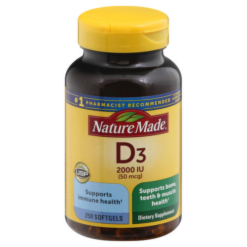 Dietary Supplement. List No. 2678. L600. USP verified dietary supplement. USP has tested and verified ingredients, potency and manufacturing process. USP sets official standards for dietary supplements. www.uspverified.org. 2000 IU (50 mcg). No artificial flavors. Gluten free. Supports immune health. Supports bone, teeth & muscle health. No. 1 pharmacist recommended vitamin & supplement brand. No color added. (Based on Pharmacy Times Survey of pharmacists recommending omega-3/fish oil supplements). www.NatureMade.com. (These statements have not been evaluated by the Food and Drug Administration. This product is not intended to diagnose, treat, cure, or prevent any disease.)