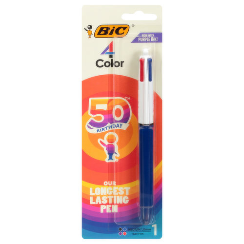 Medium (1.0)mm. 50th Birthday. Our Long lasting pen. Now with purple ink! Four ink colors in one pen! Writes black, blue, red, and now with purple! Fun and colorful expression. Convenient way to organize copy. Long-lasting ink. BIC Performance Policy (US and Canada): If you are not satisfied with the performance of this product, please return it to BIC and we will gladly replace it at no cost to you. www.bic.com. Made in France.