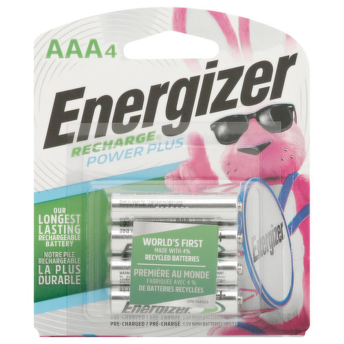 1.2 V NiMH batteries. 800 mAh. Our longest lasting rechargeable battery. World's first. Made with 4% recycled batteries. Pre-charged. Lasting power for demanding devices. Up to 5 battery life (Total usable life under typical usage patterns). UL listed validated. ul.com/ecv. www.energizer.com. www.energizer.ca. Product contains a minimum of 4% recycled content. Made in Japan.