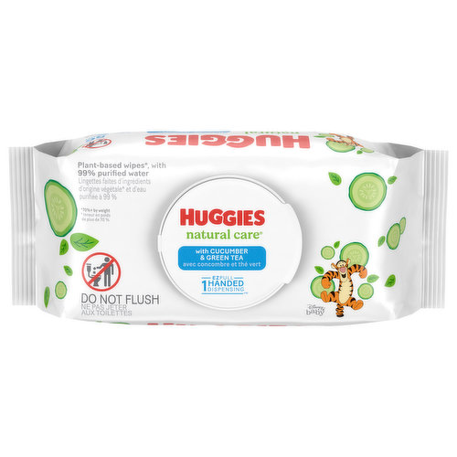 Huggies Natural Care Refreshing Baby Wipes have reliably offered plant-based ingredients since 1990, are made with 99% purified water and are infused with cucumber and green tea for a more refreshing clean. These disposable baby wipes are hypoallergenic, dermatologist-tested and pH-balanced to help maintain healthy skin. Natural Care Refreshing scented baby wipes contain no harsh ingredients while offering a refreshing, clean scent for your baby. They're also free of lotions, alcohol, parabens and elemental chlorine and do not contain phenoxyethanol or MIT. In addition, our unique base sheet absorbs, locks-in and retains the mess to help ensure your baby's skin is clean and healthy. Coming in adorable Tigger-themed packaging, the flip-top design and EZ Pull 1-Handed Dispensing makes it easy for you grab wipes without wasting sheets! With these luxurious baby wipes, you can feel confident you're giving your baby a soft, fresh clean every time. Join the Huggies Rewards powered by Fetch to get rewarded. Earn points on Huggies diapers and wipes, in addition to thousands of other products to redeem for hundreds of gift cards. Check out the Fetch Rewards app to get started today! (*70%+ by weight)