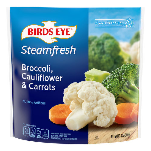 Per 1 Cup Frozen: 30 calories; 0 g sat. fat. (0% DV); 35 mg sodium (2% DV); 3 g total sugar. Nothing artificial. Cooks in the bag. www.birdseye.com. how2recycle.com. SmartLabel: Scan or call 1-888-327-9060 for more food information. Questions or comments, visit us at www.birdseye.com or call Mon-Fri, 1-888-327-9060.