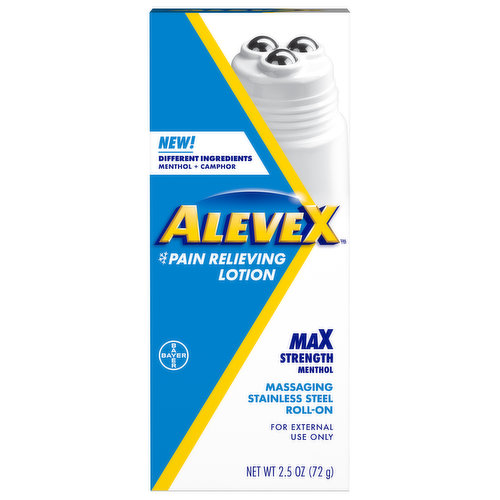 Other Information: Store between 20 degrees - 25 degrees C (68 degrees - 77 degrees F). New! Different ingredients. Menthol + camphor. Massaging stainless steel roll-on. Temporarily relieves minor aches and pains. Fast-cooling sensation won't wear off quickly. Questions? 1-800-395-0689 (Mon - Fri 9am - 5pm EST). Also try Alevex Lotion, Alevex Spray.