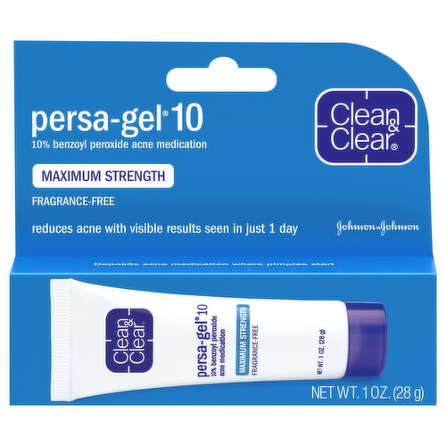 Clean & Clear Persa-Gel 10 Acne Medication Spot Treatment with benzoyl peroxide targets pimples to help clear skin and prevent breakouts. This topical acne treatment gel is a maximum-strength acne spot treatment contains 10% benzoyl peroxide, the number-one pharmacist-recommended acne medication. The fragrance-free face gel quickly goes to work by releasing benzoyl peroxide deep in pores where pimples begin to effectively treat acne breakouts and help prevent them from occurring in the future. With regular use, this prescription-strength daily acne medication can help eliminate acne and keep skin looking clear.