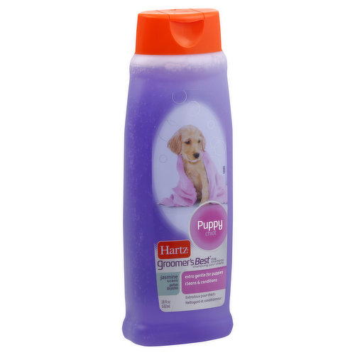 Extra gently for puppies. Cleans & exfoliates. Hartz Groomer's Beset Puppy Shampoo is specially formulated to clean and moisturize puppy's delicate skin and coat. Mild and tearless shampoo will not irritate puppy's eyes. www.hartz.com. Made in the USA.