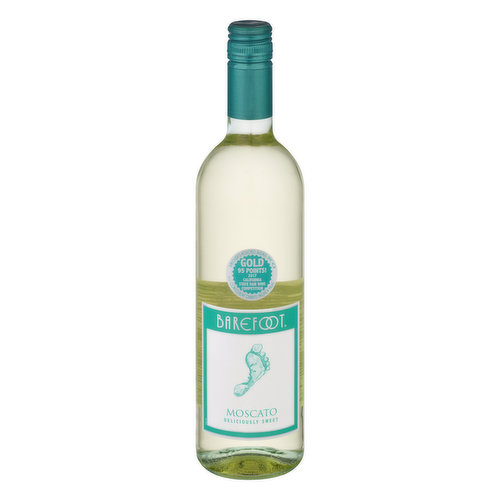 White Wine. Deliciously sweet. Barefoot Moscato is a sweet wine with delicious mouth-watering flavors of juicy peach and apricot. Hints of lemon and orange citrus complement a crisp, refreshing finish. Barefoot supports the efforts of organizations that help keep America's beaches Barefoot friendly. Get Barefoot and have a great time! barefootwine.com. Gold 95 points! 2017 California State Fair Wine Competition. Barefoot's Moscato Blends have won consistent quality, proven value. Alc. 9% by vol. 18 Vinted and bottled by Barefoot Cellars, Modesto, CA 95354.