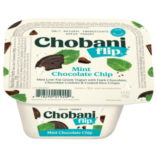 Mint low-fat Greek yogurt with dark chocolate, chocolate cookies & coated rice crisps. Made with milk from cows not treated with rBST. Milk from rBST-treated cows is not significantly different. Only natural ingredients. New recipe.