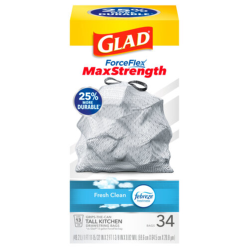 Glad Tall Kitchen Bags, Drawstring, Max Strength, Fresh Clean, 13 Gallon