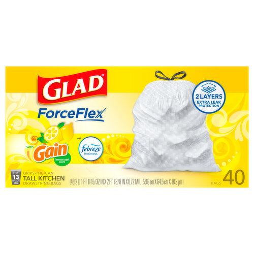 Glad Drawstring Bags, Tall Kitchen, Lemon Zest Scent, 13 Gallon