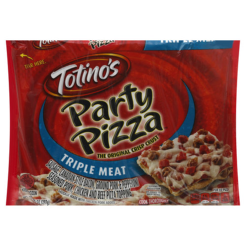 Sausage, Canadian style bacon, ground pork & pepperoni seasoned pork, chicken and beef pizza topping. Per 1/2 Pizza: 340 calories; 4.5 g sat fat (22% DV); 670 mg sodium (22% DV); 3 g total sugars. The original crisp crust. Sausage made with chicken pork added. U.S. inspected and passed by Department of Agriculture. www.Totinos.com. how2recycle.info. Questions? Comments? Save package and visit us on our website or call us at 1-800-949-9055, www.Totinos.com.